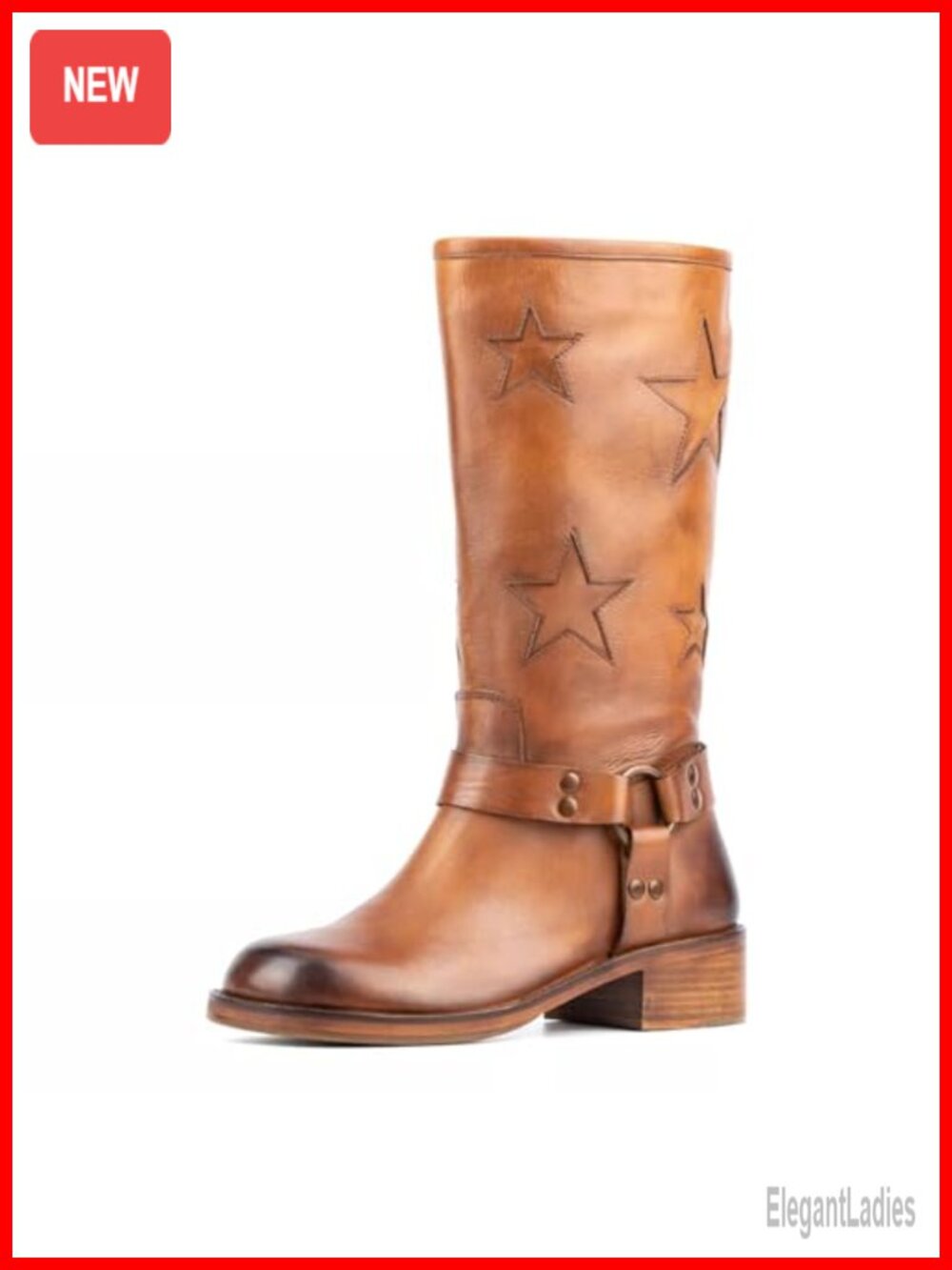 Buckle Biker Knee High Boots Square Toe Chunky Heel Star Moto Mid Calf Slip On